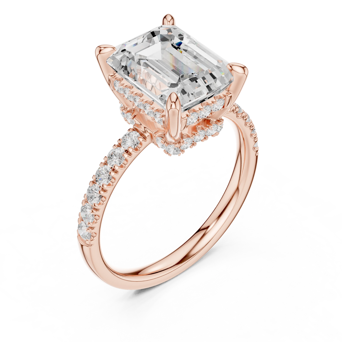 Emerald Diamond Hidden Halo Engagement Ring with Pave Band