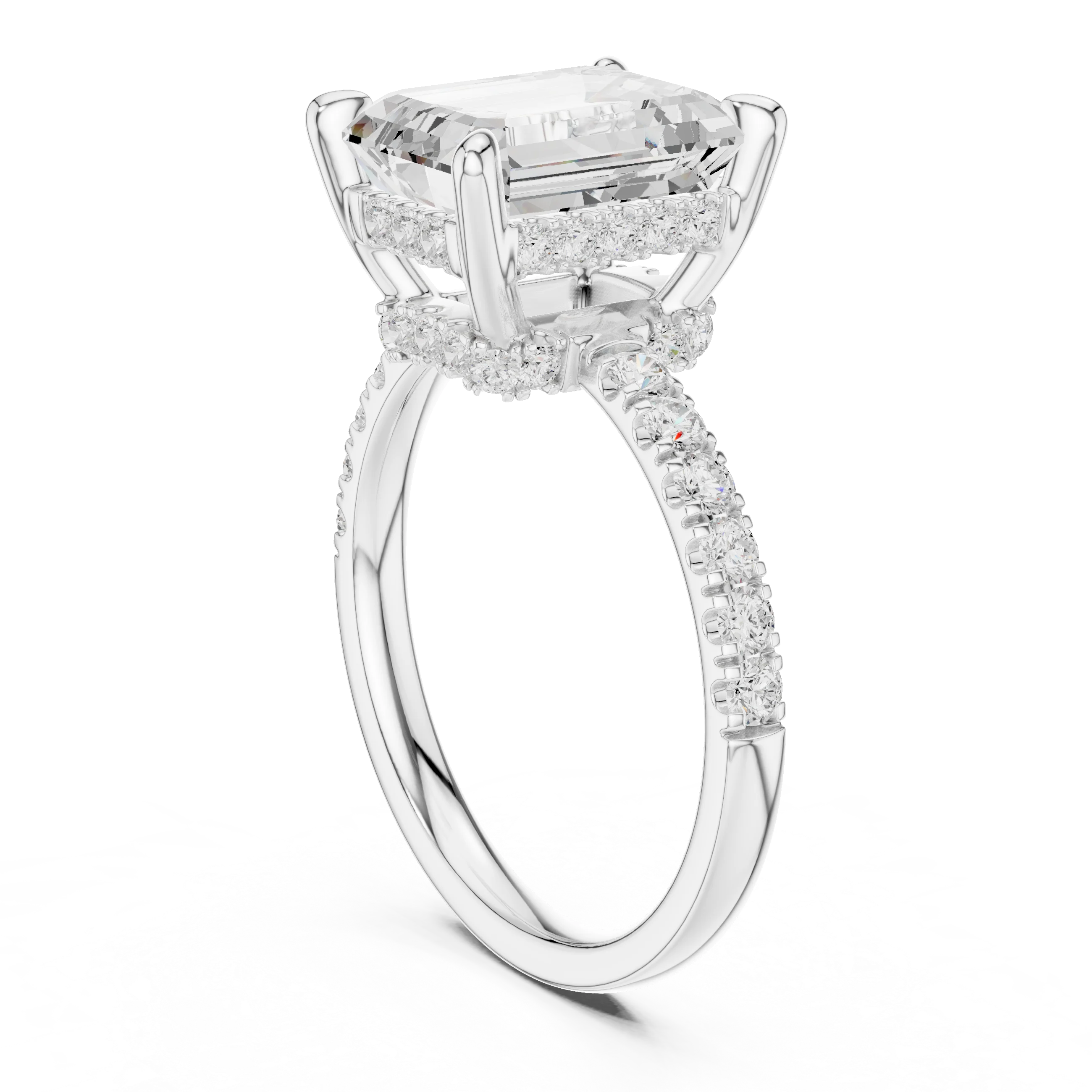 Emerald Diamond Hidden Halo Engagement Ring with Pave Band