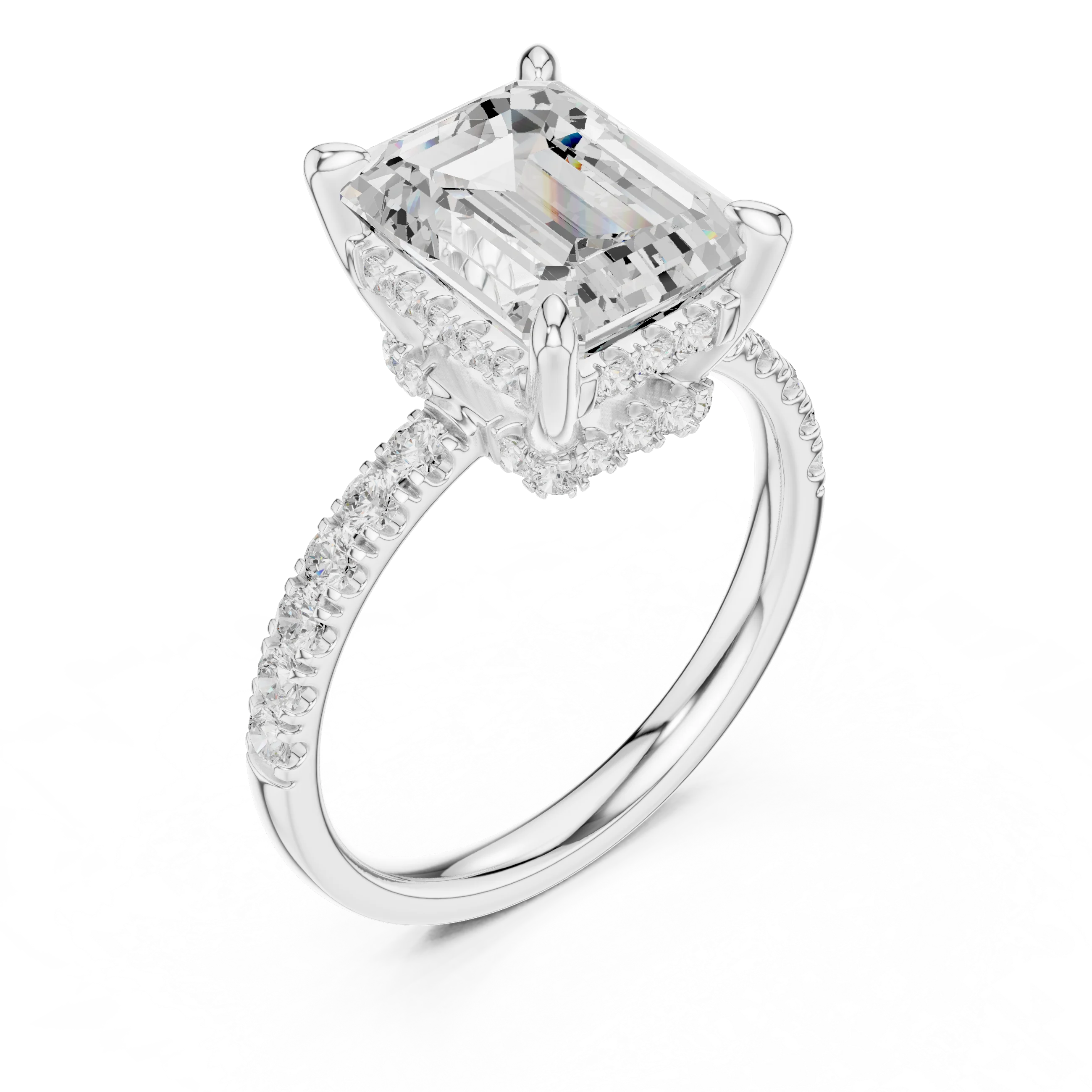 Emerald Diamond Hidden Halo Engagement Ring with Pave Band