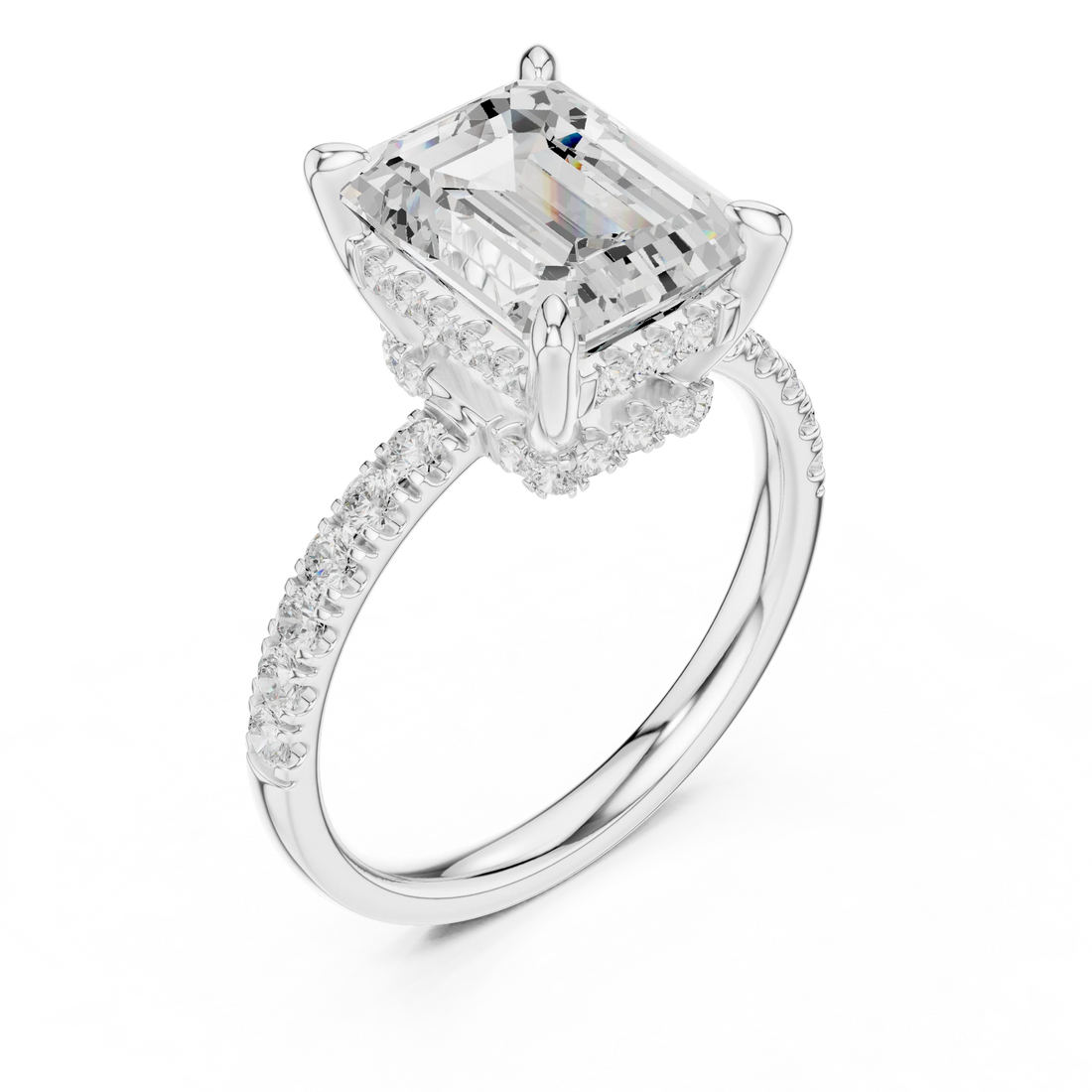 Emerald Diamond Hidden Halo Engagement Ring with Pave Band