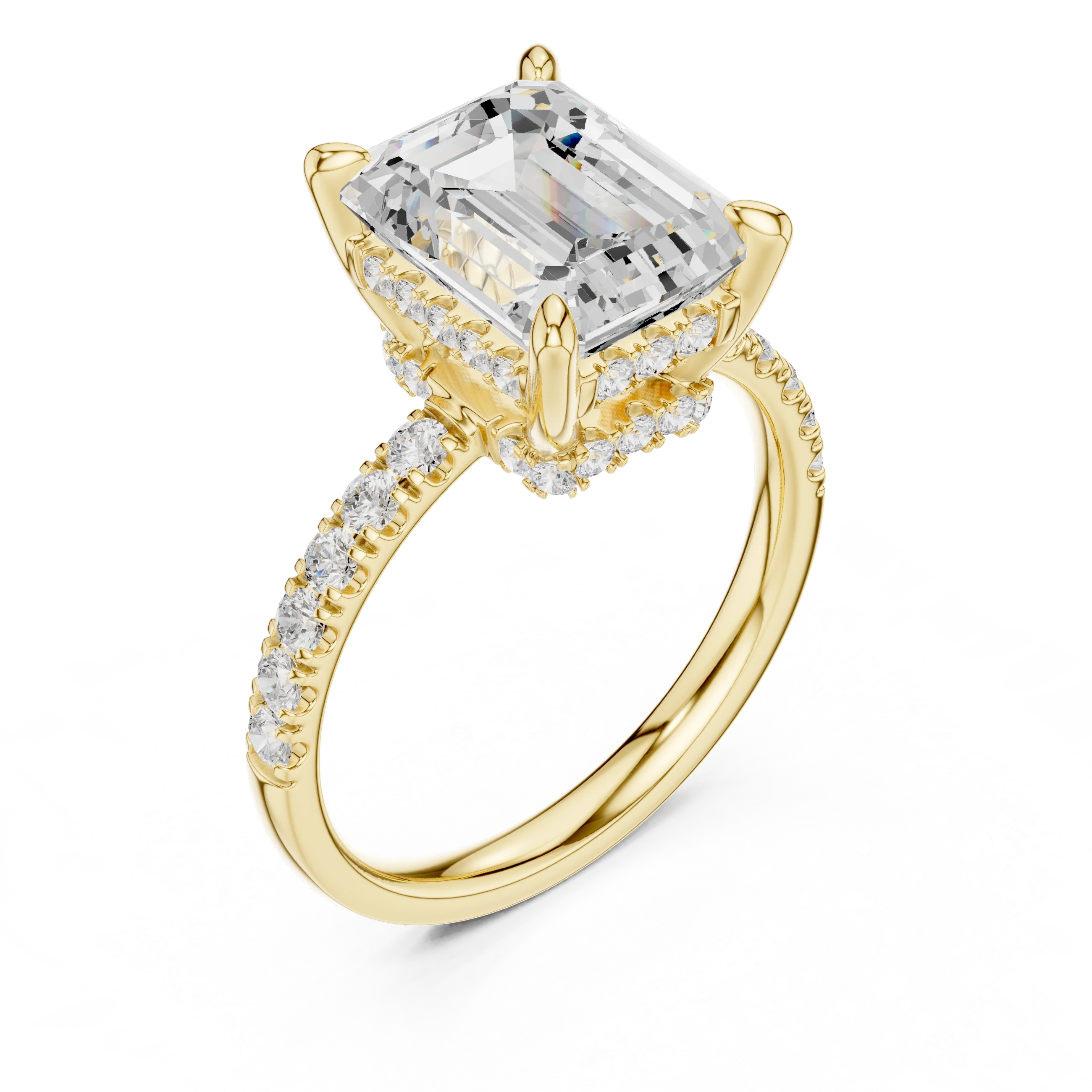 Emerald Diamond Hidden Halo Engagement Ring with Pave Band