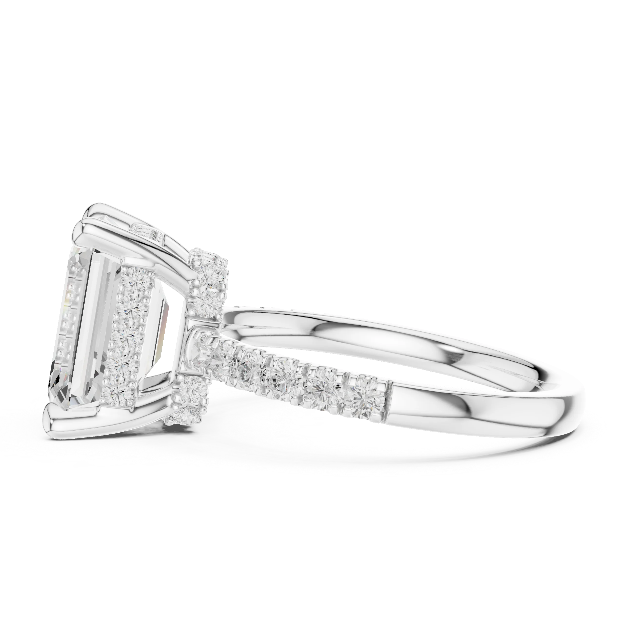 Emerald Diamond Hidden Halo Engagement Ring with Pave Band
