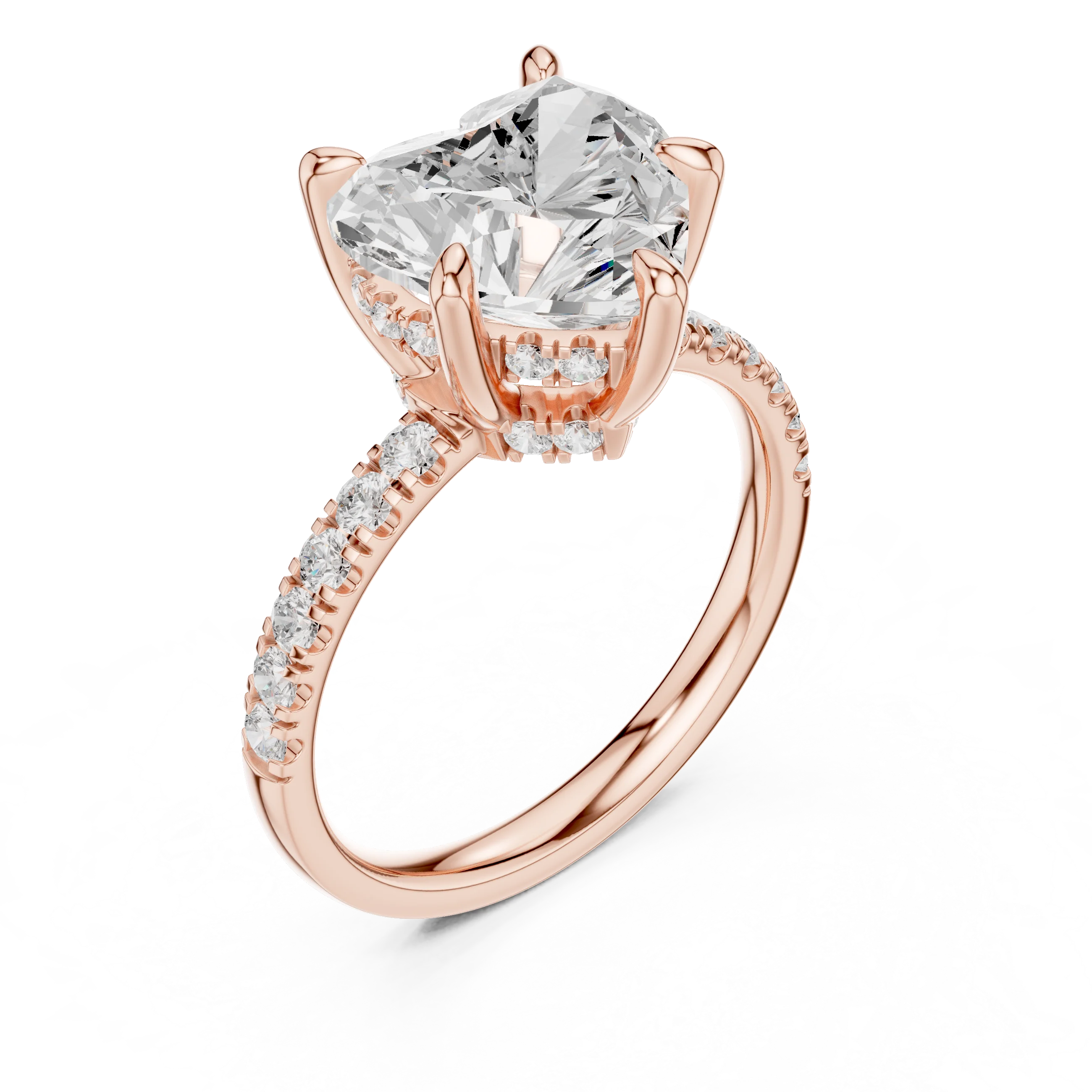 Heart Diamond Hidden Halo Engagement Ring with Pave Band