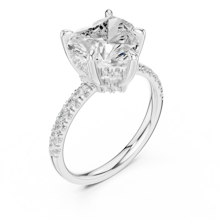 Heart Diamond Hidden Halo Engagement Ring with Pave Band