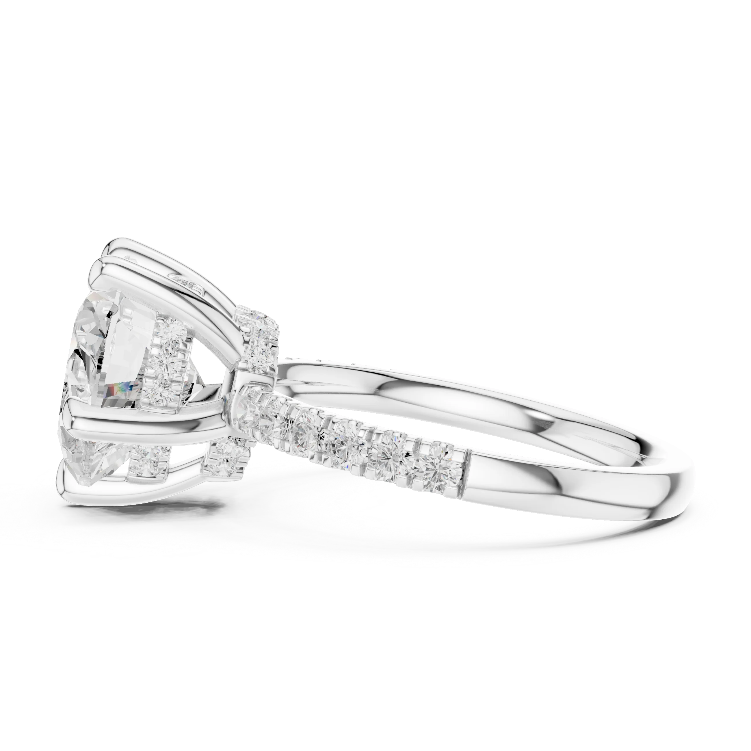 Heart Diamond Hidden Halo Engagement Ring with Pave Band