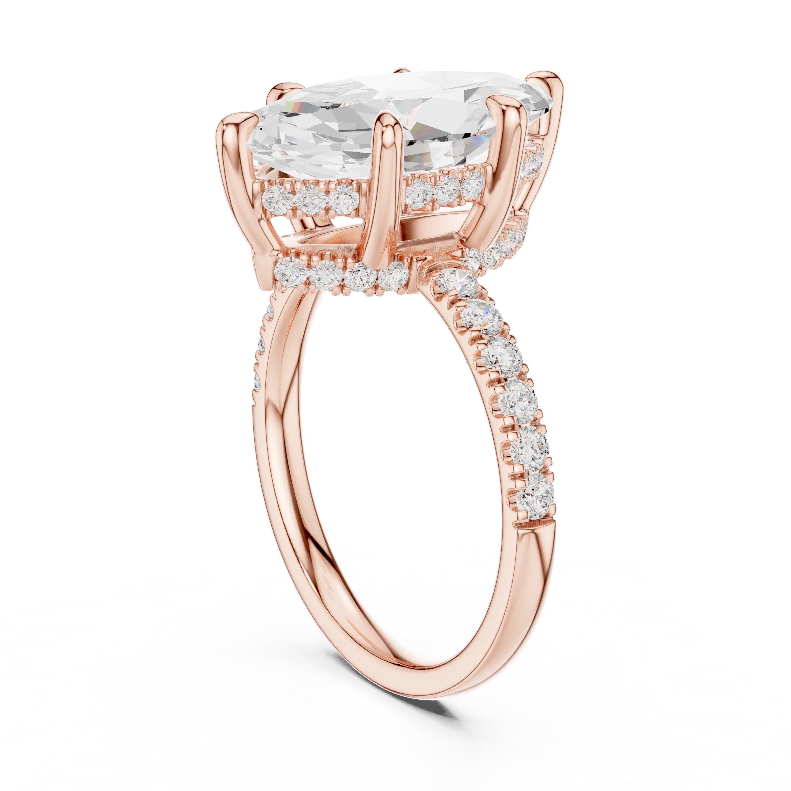 Marquise Diamond Hidden Halo Engagement Ring with Pave Band