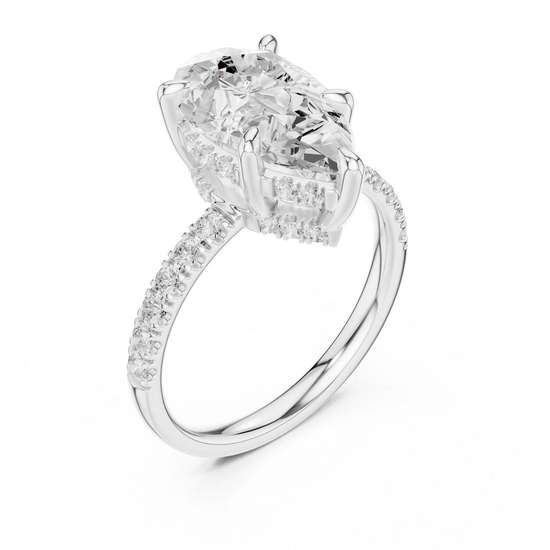 Pear Diamond Hidden Halo Engagement Ring with Pave Band