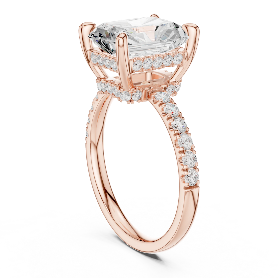 Radiant Diamond Hidden Halo Engagement Ring with Pave Band