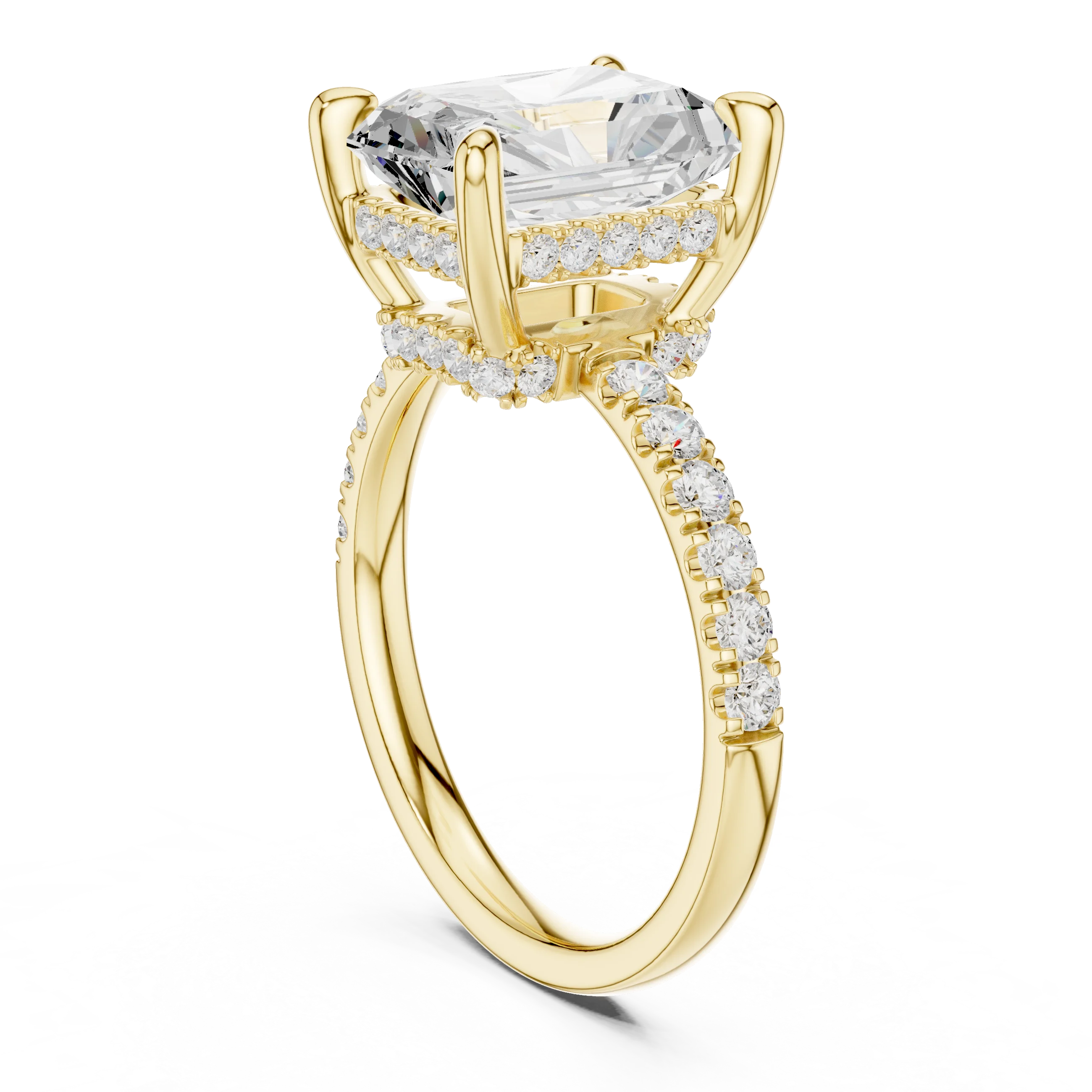 Radiant Diamond Hidden Halo Engagement Ring with Pave Band