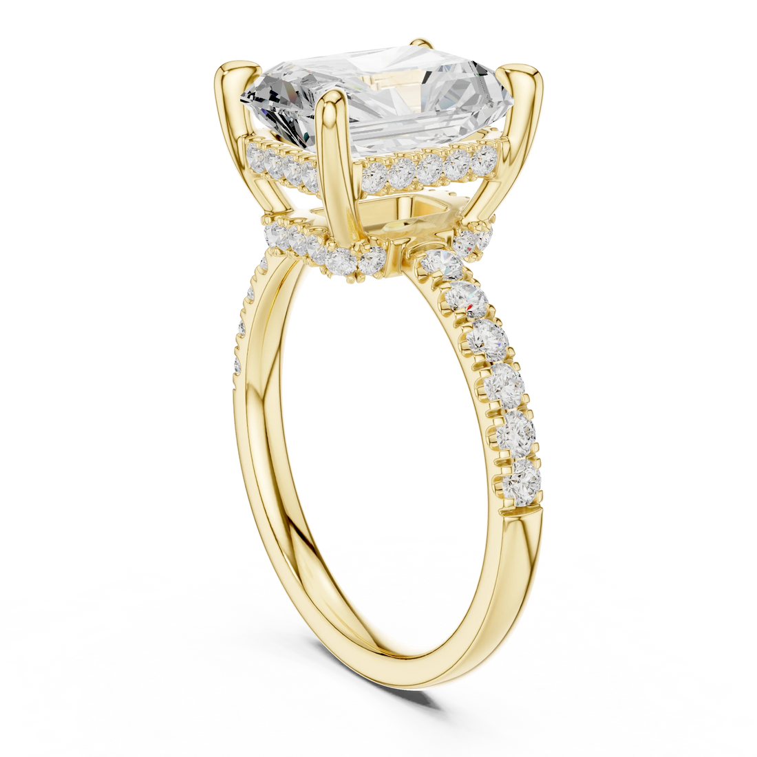 Radiant Diamond Hidden Halo Engagement Ring with Pave Band