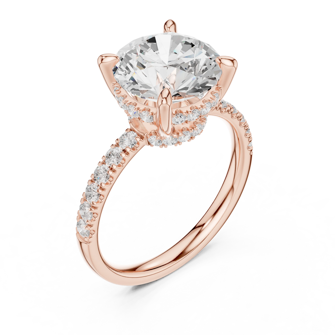 Round Diamond Hidden Halo Engagement Ring with Pave Band