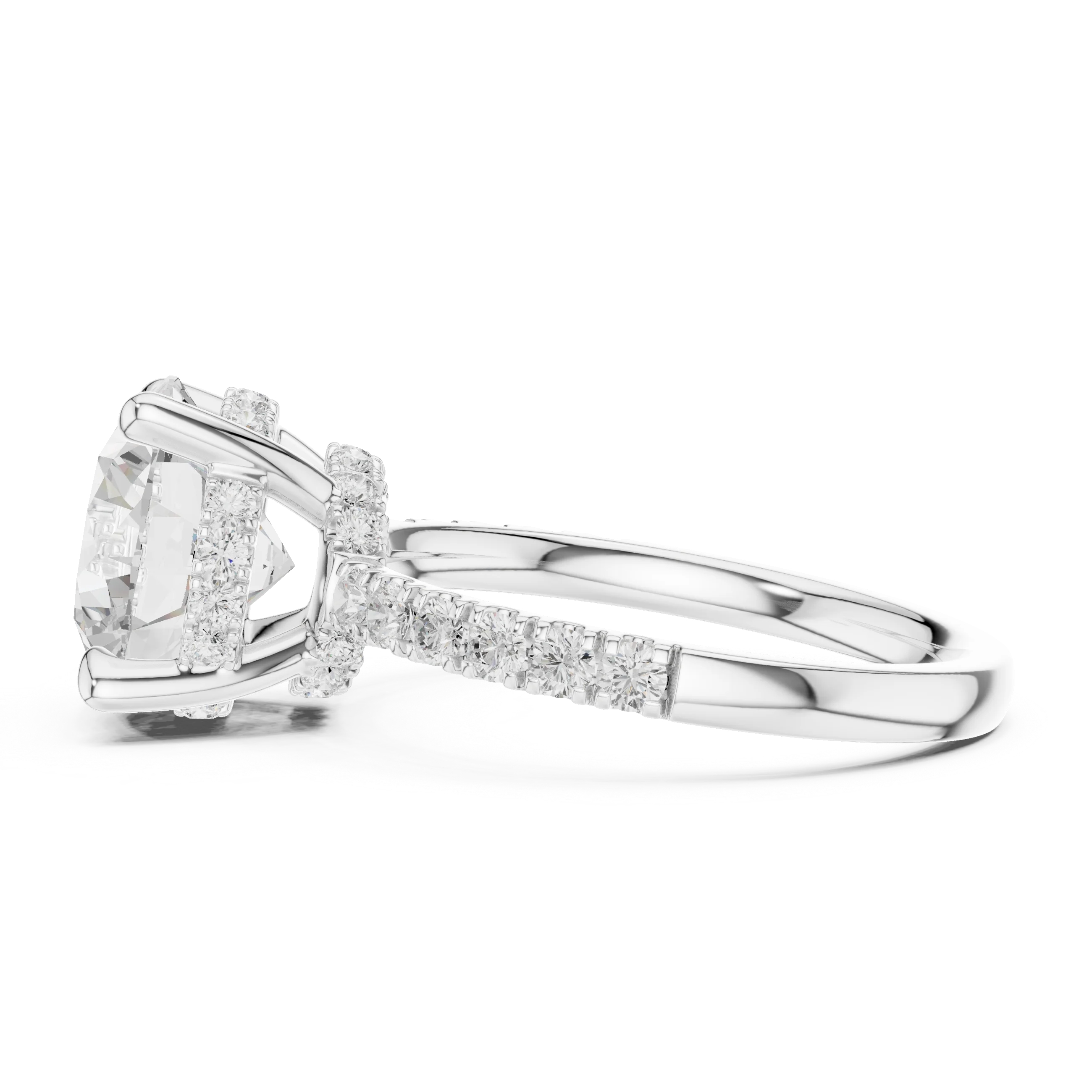 Round Diamond Hidden Halo Engagement Ring with Pave Band