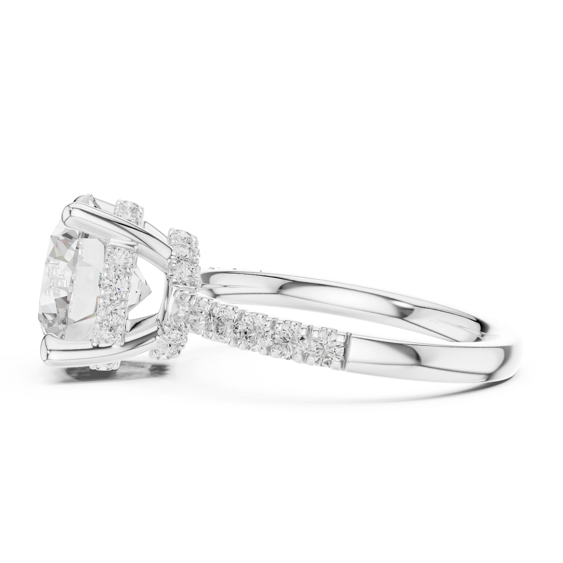 Round Diamond Hidden Halo Engagement Ring with Pave Band