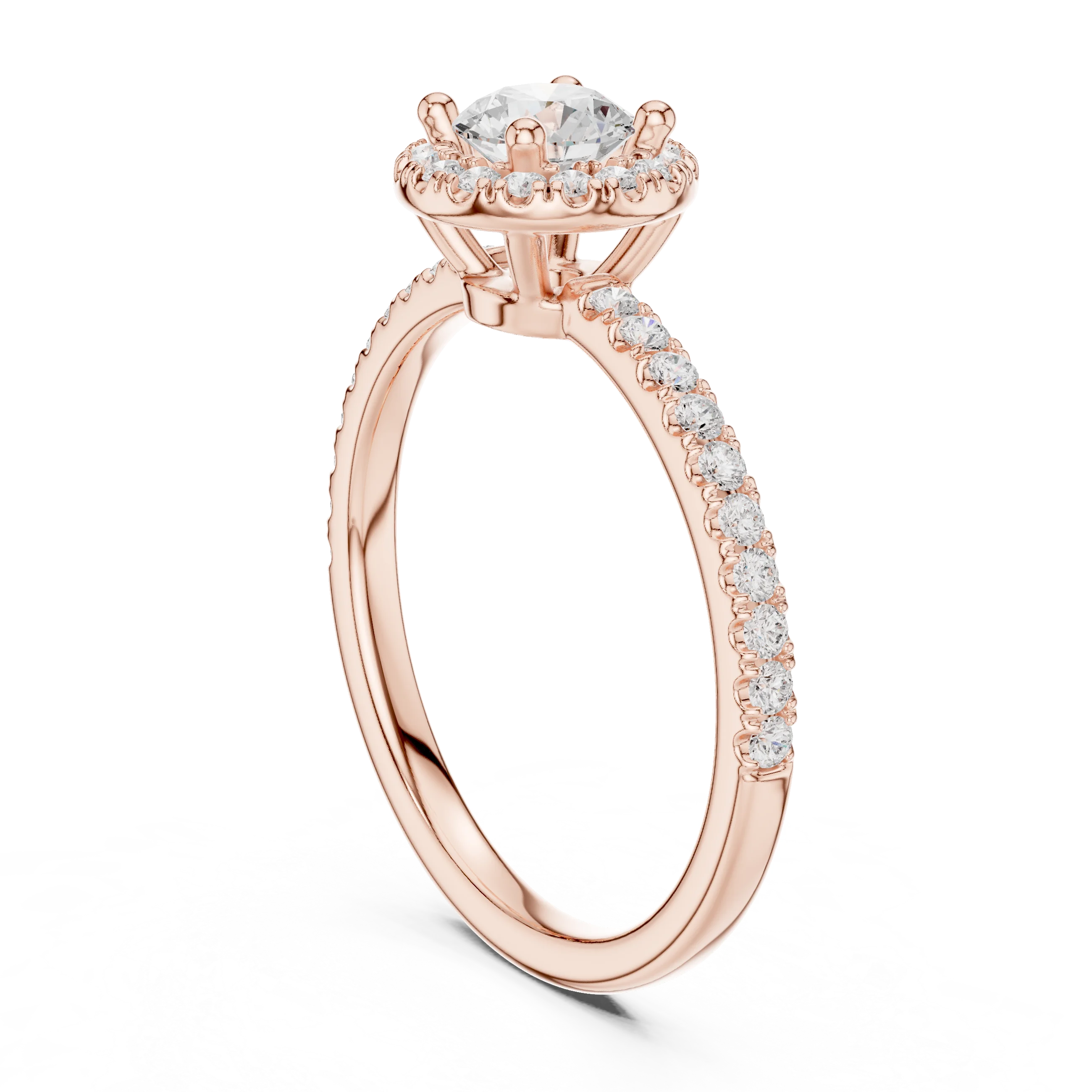 Round Cut Diamond Halo Engagement Ring with Diamond Band