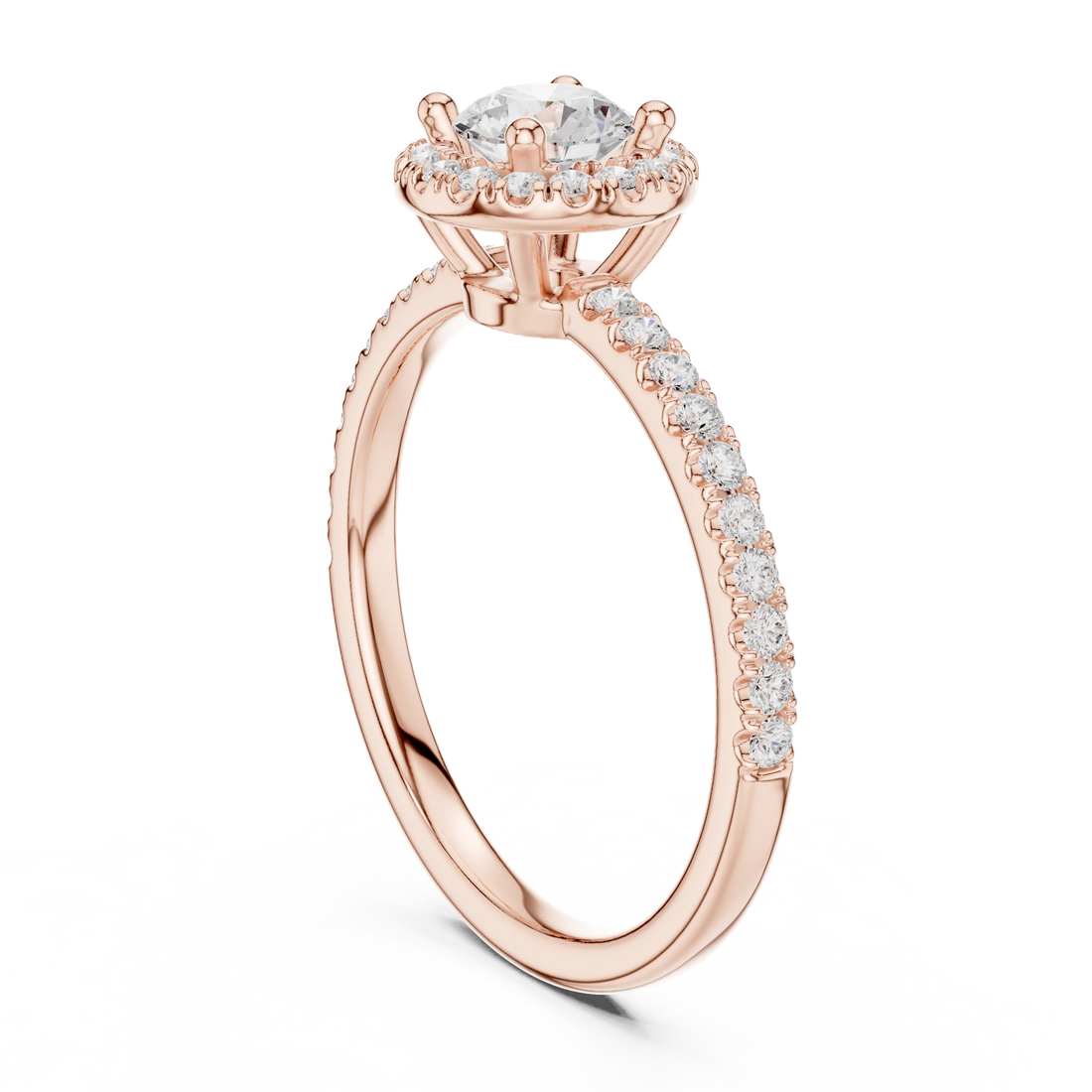 Round Cut Diamond Halo Engagement Ring with Diamond Band