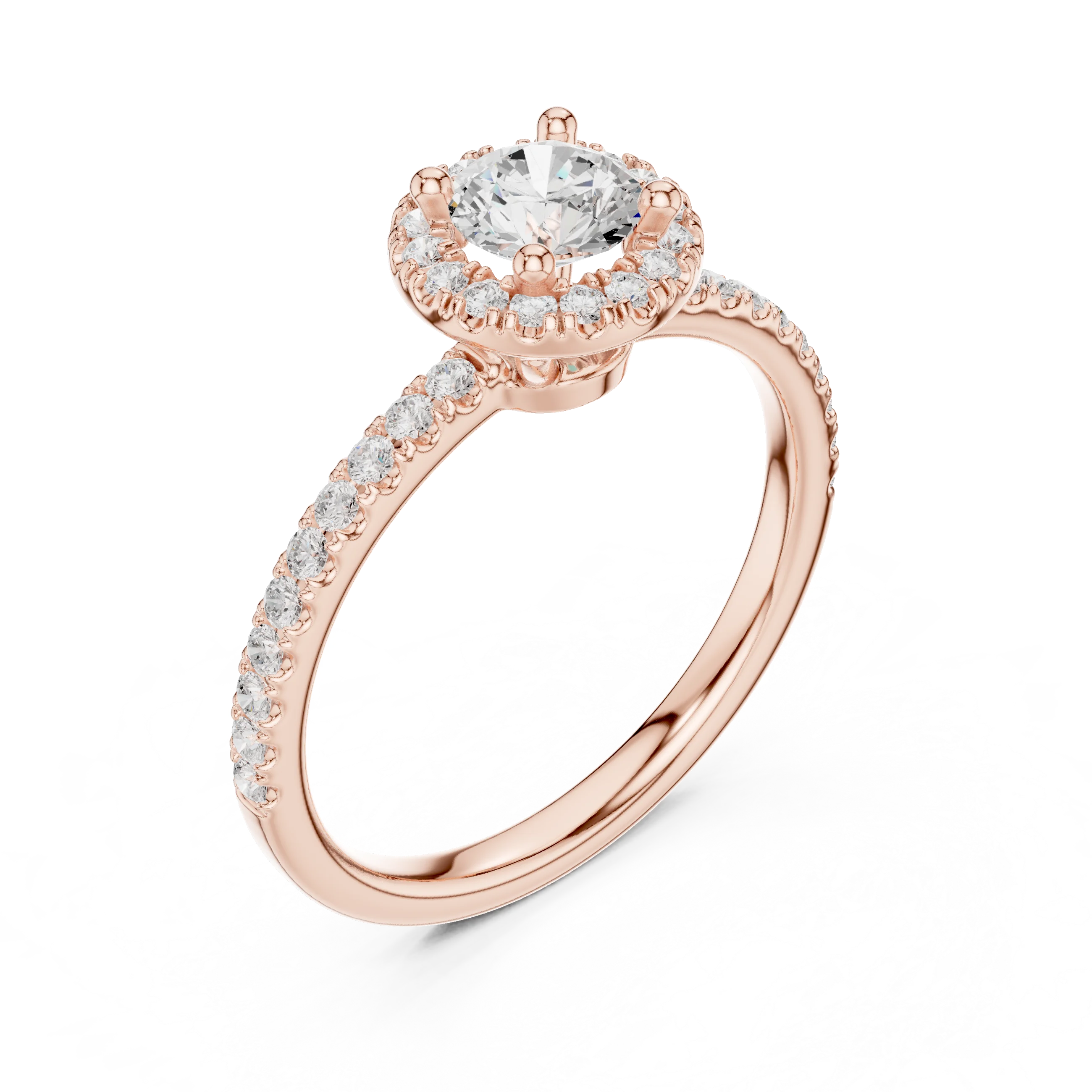 Round Cut Diamond Halo Engagement Ring with Diamond Band