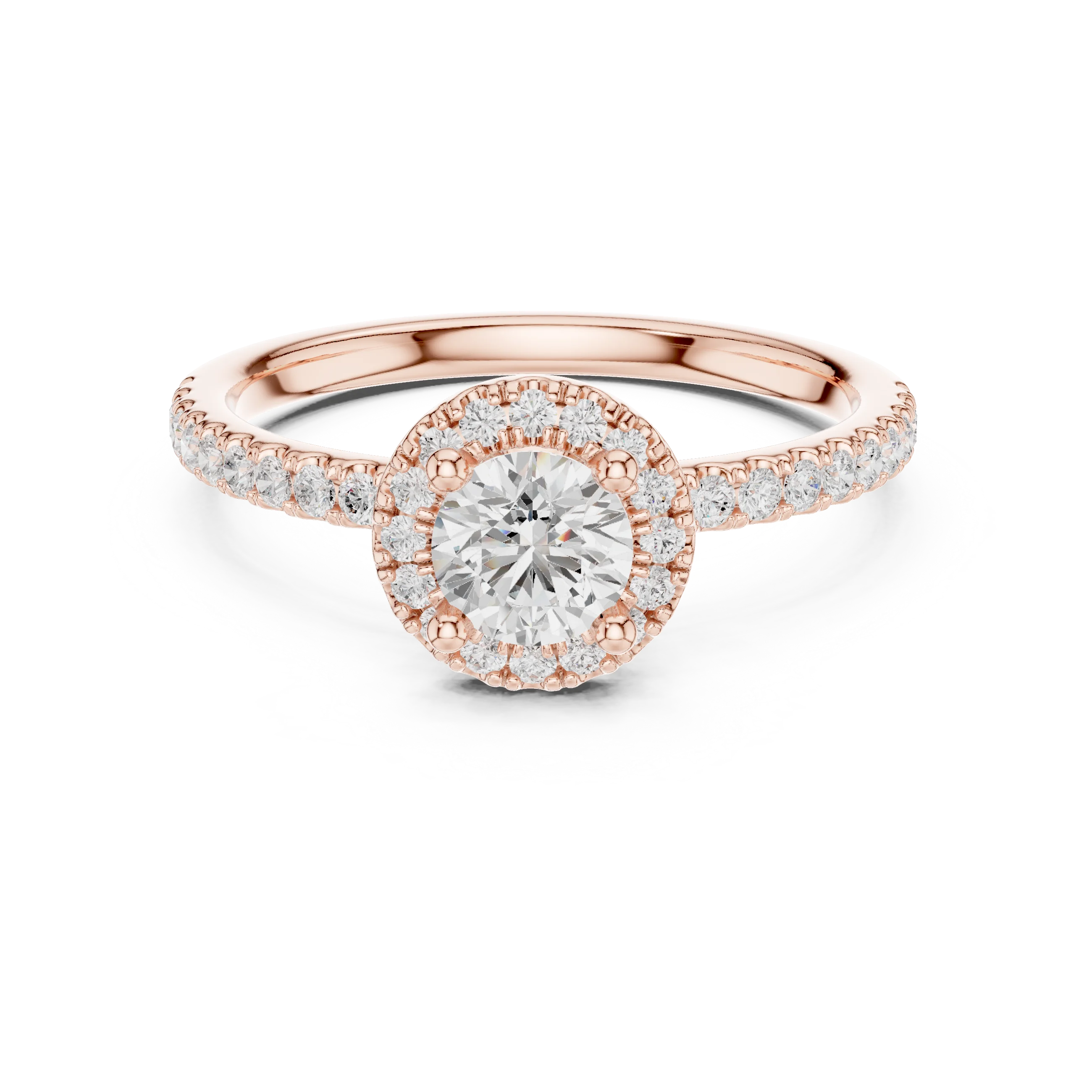 Round Cut Diamond Halo Engagement Ring with Diamond Band