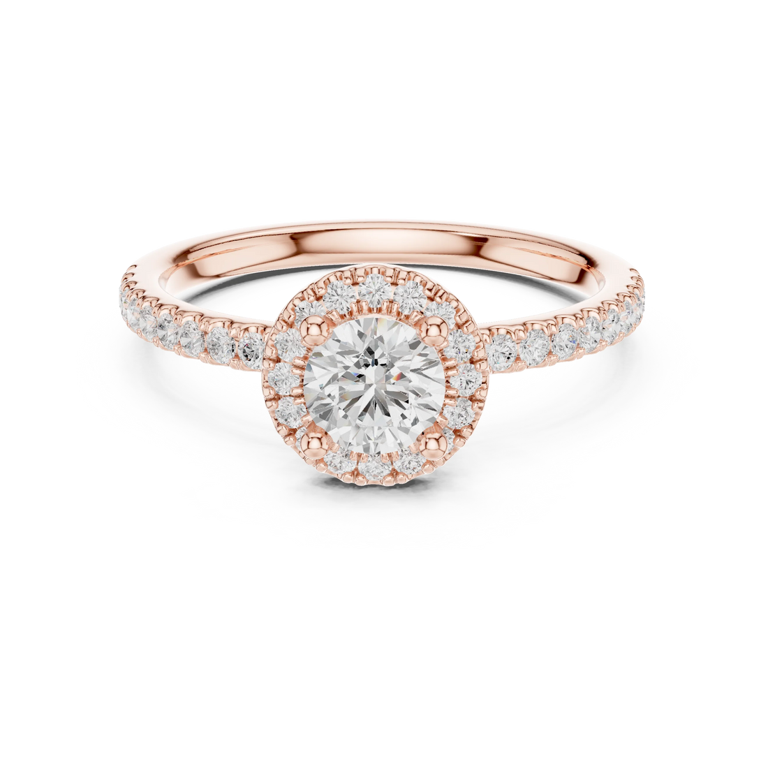 Round Cut Diamond Halo Engagement Ring with Diamond Band