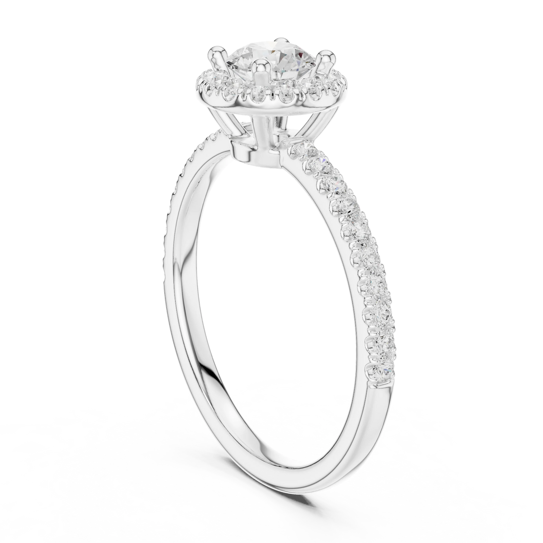 Round Cut Diamond Halo Engagement Ring with Diamond Band