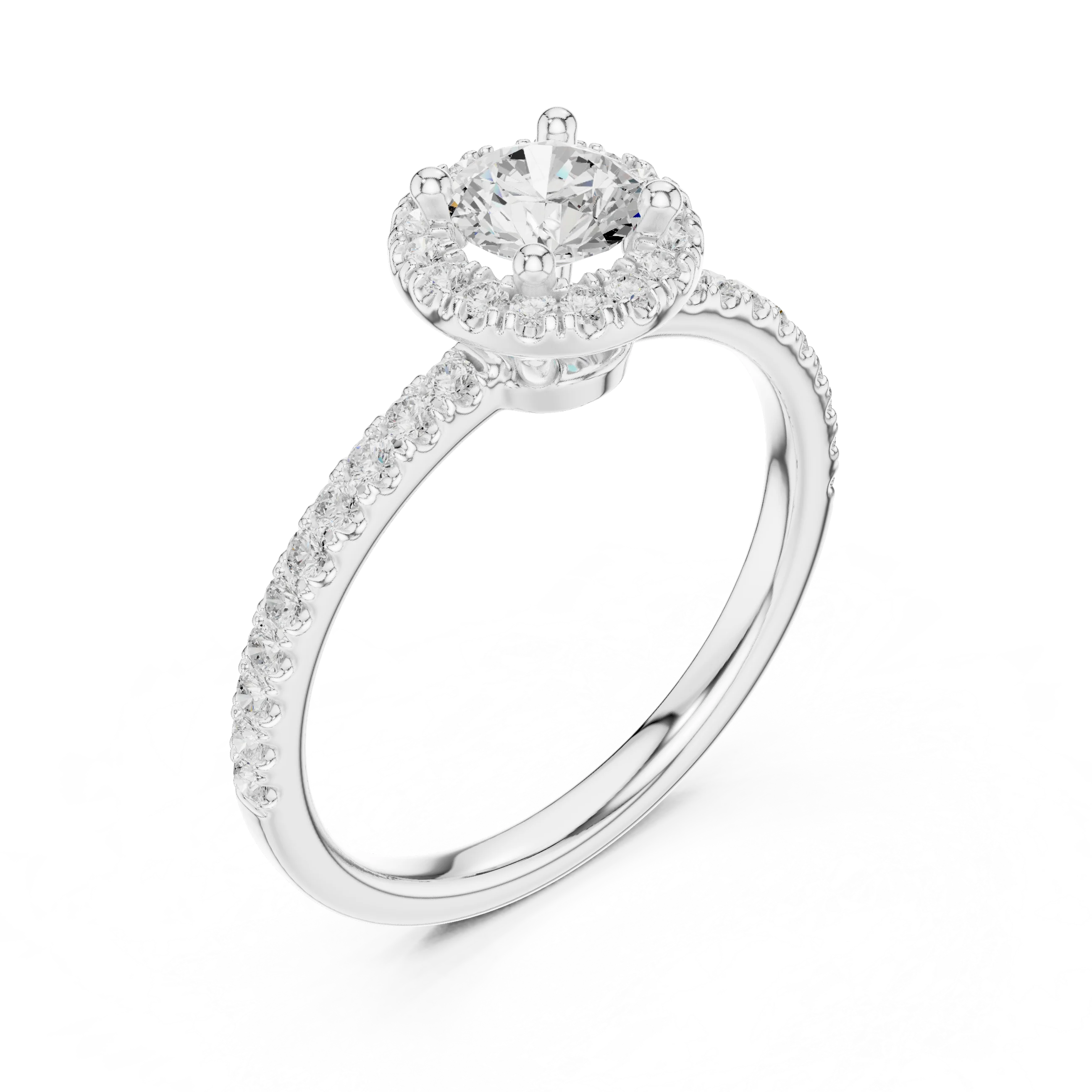 Round Cut Diamond Halo Engagement Ring with Diamond Band