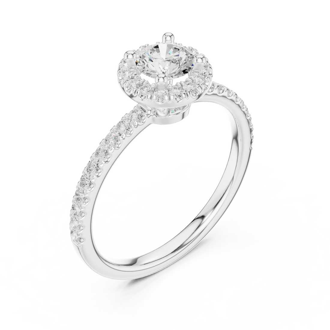 Round Cut Diamond Halo Engagement Ring with Diamond Band