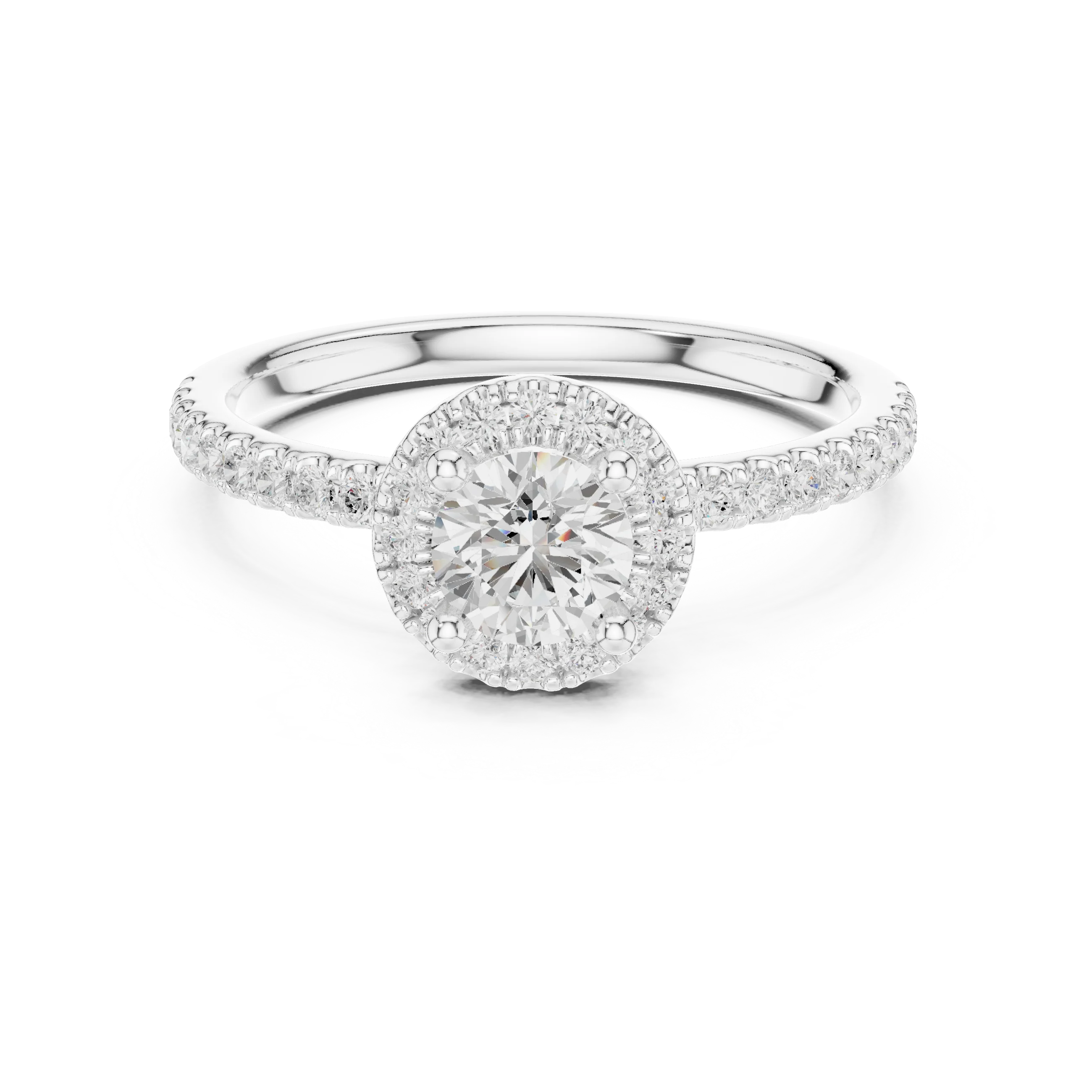 Round Cut Diamond Halo Engagement Ring with Diamond Band