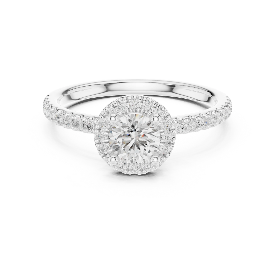 Round Cut Diamond Halo Engagement Ring with Diamond Band