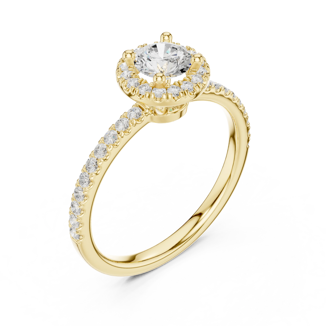 Round Cut Diamond Halo Engagement Ring with Diamond Band