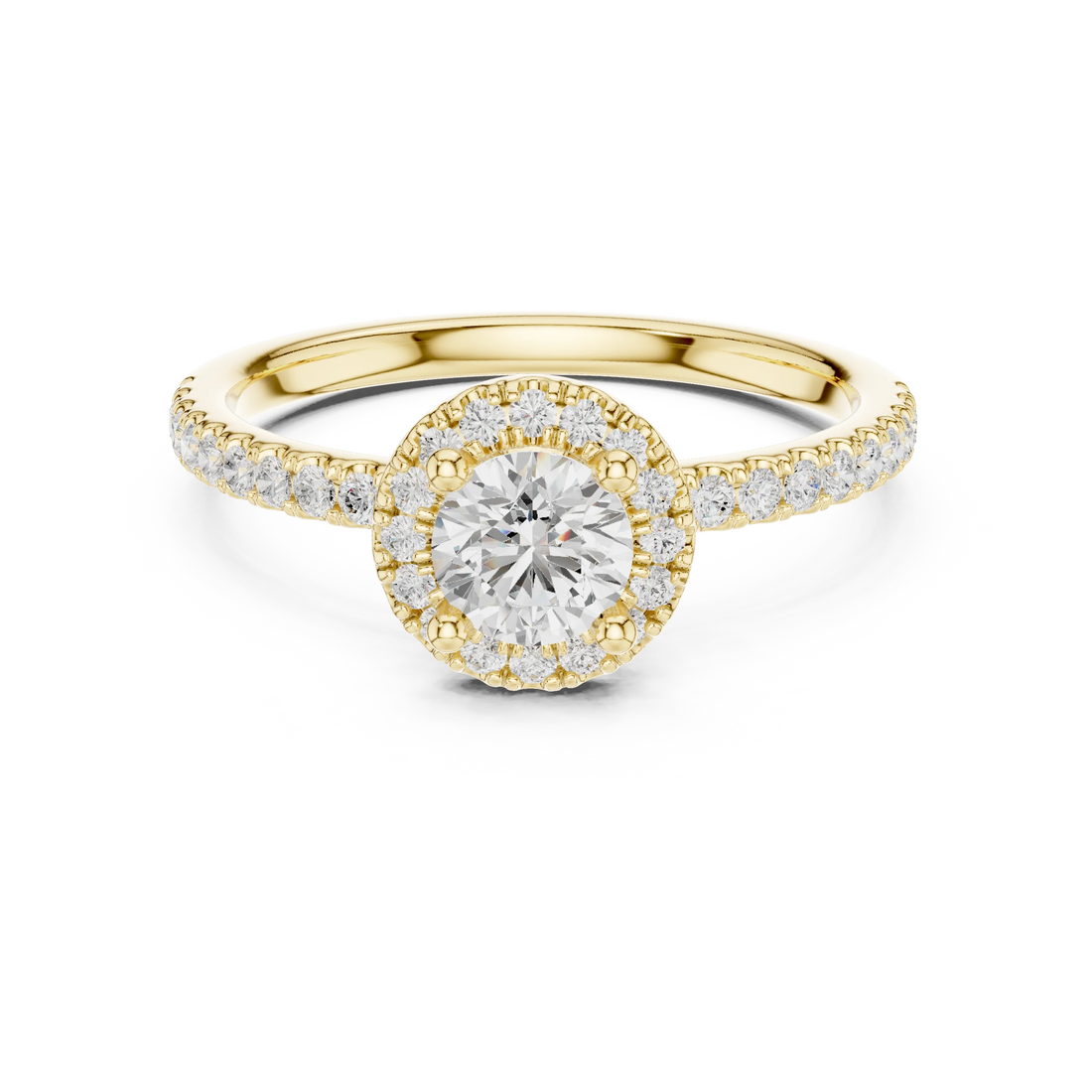 Round Cut Diamond Halo Engagement Ring with Diamond Band