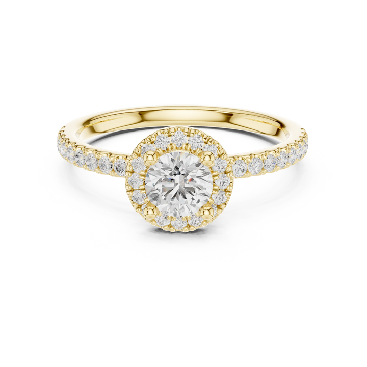 Round Cut Diamond Halo Engagement Ring with Diamond Band