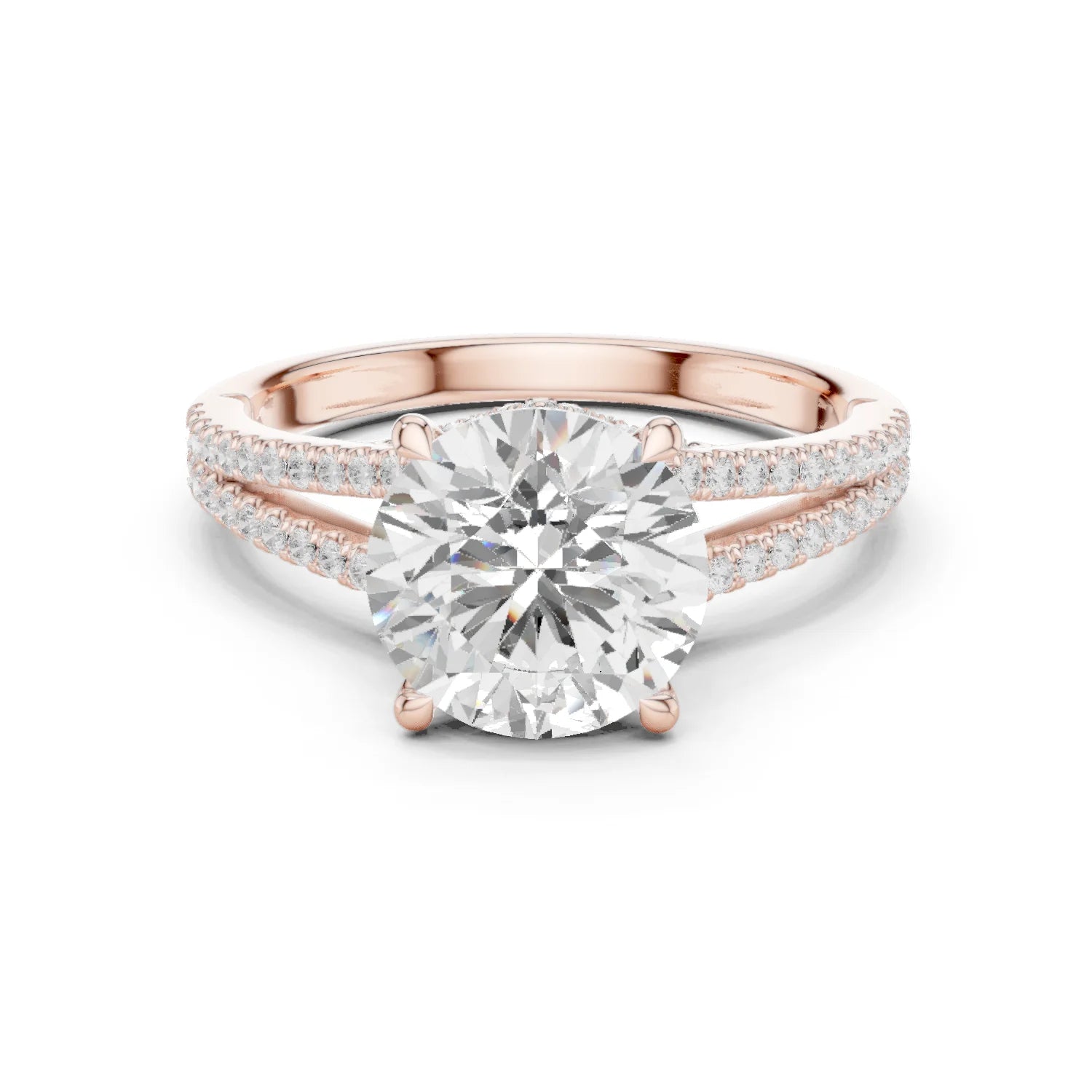 Round Cut Diamond Split Shank Engagement Ring with Pave Accents
