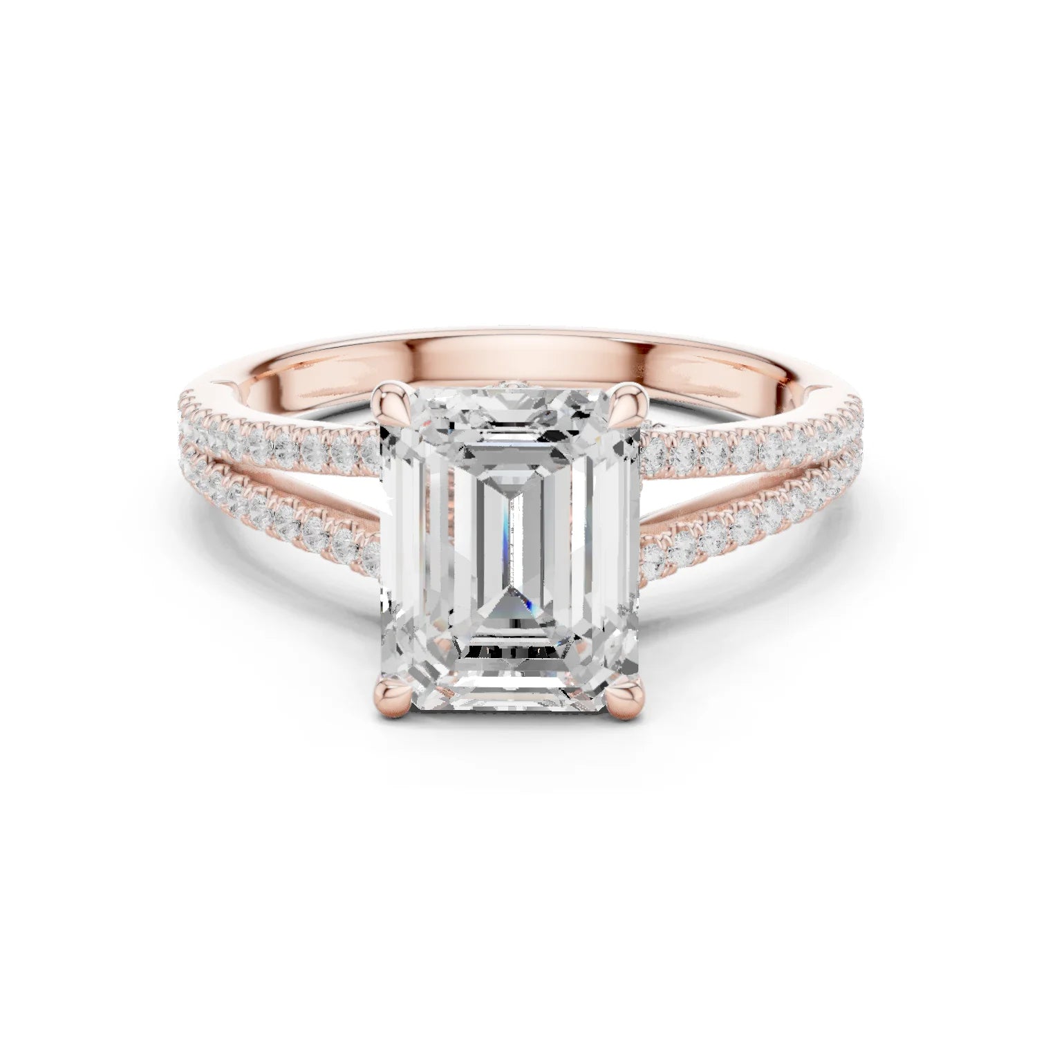 Emerald Cut Diamond Split Shank Engagement Ring with Pave Accents