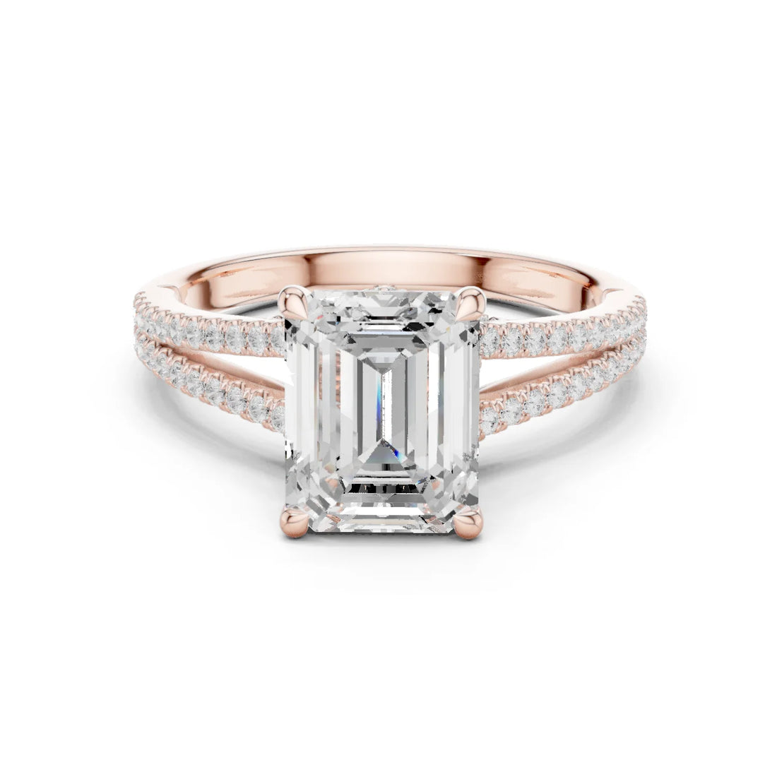 Emerald Cut Diamond Split Shank Engagement Ring with Pave Accents