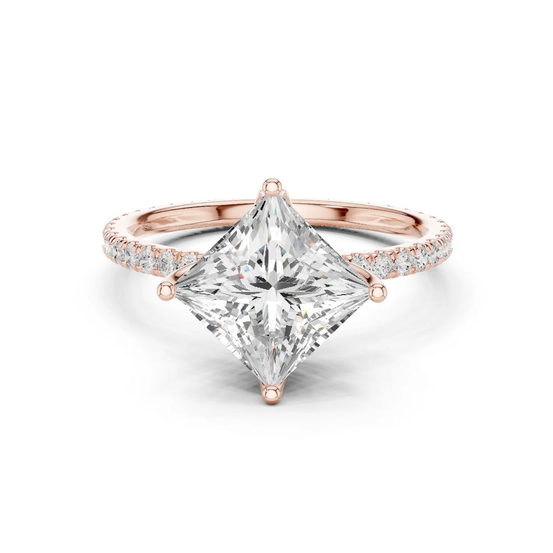 Princess Shape Diamond Pave Band Engagement Ring