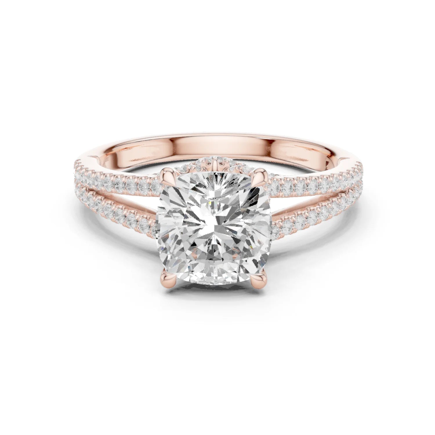Cushion Cut Diamond Split Shank Engagement Ring with Pave Accents