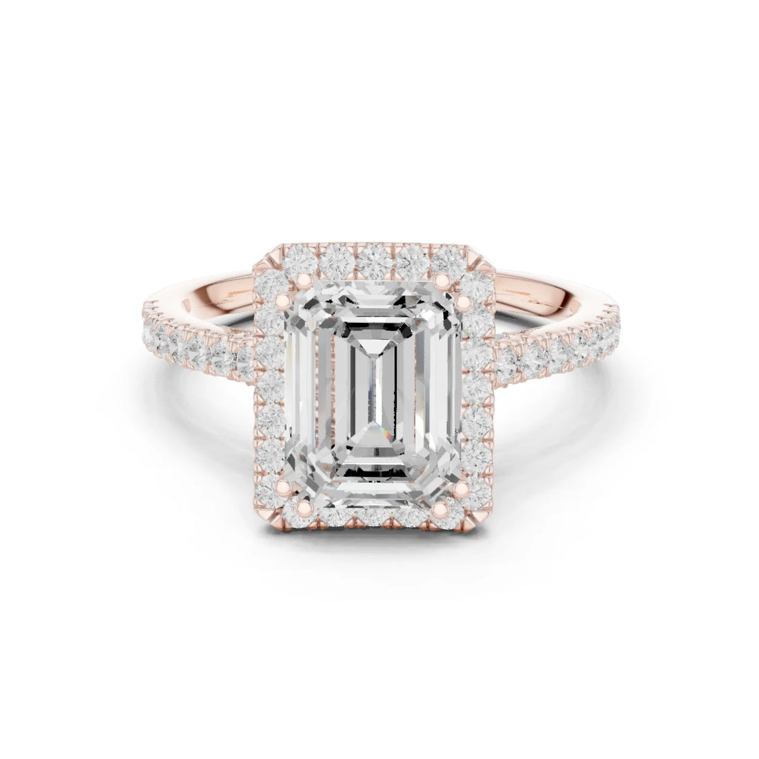 Emerald Cut Diamond Halo Engagement Ring with Pave Band