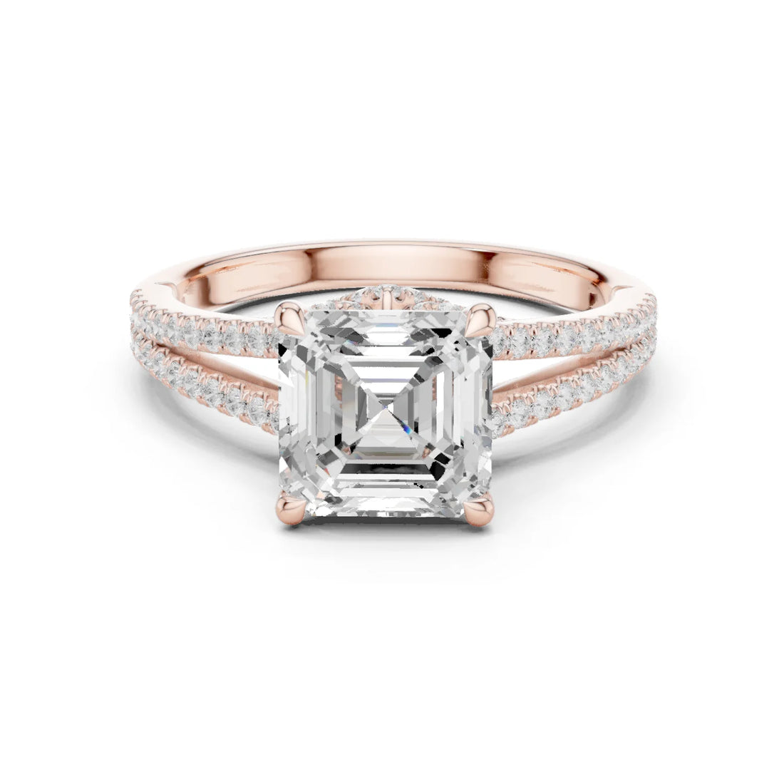 Asscher Cut Diamond Split Shank Engagement Ring with Pave Accents