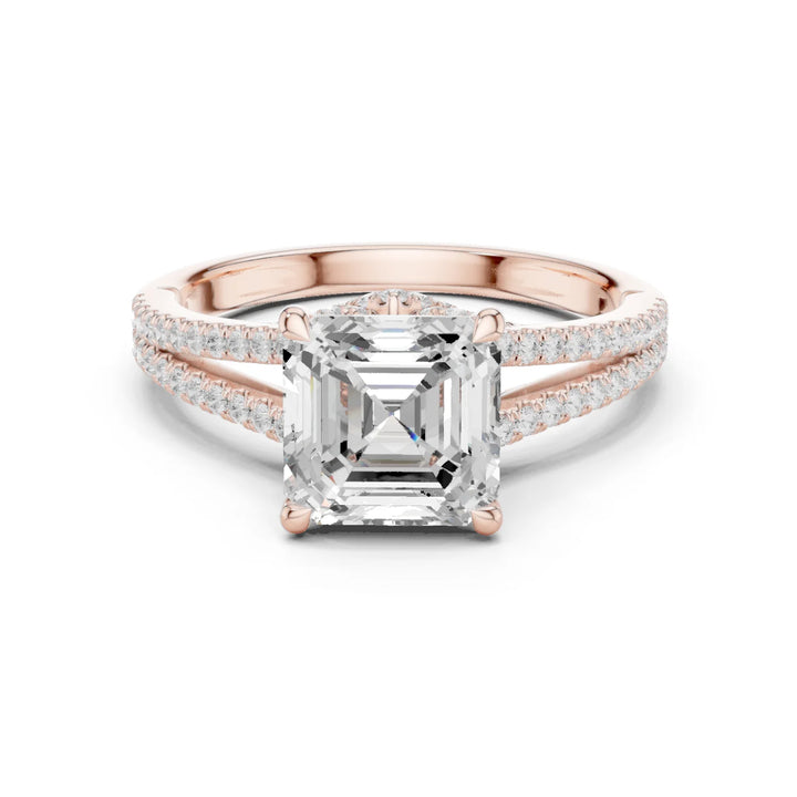 Asscher Cut Diamond Split Shank Engagement Ring with Pave Accents
