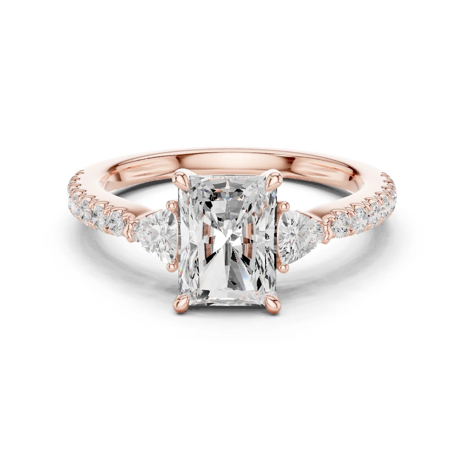 Radiant Cut Diamond Three-Stone Engagement Ring with Pave Band