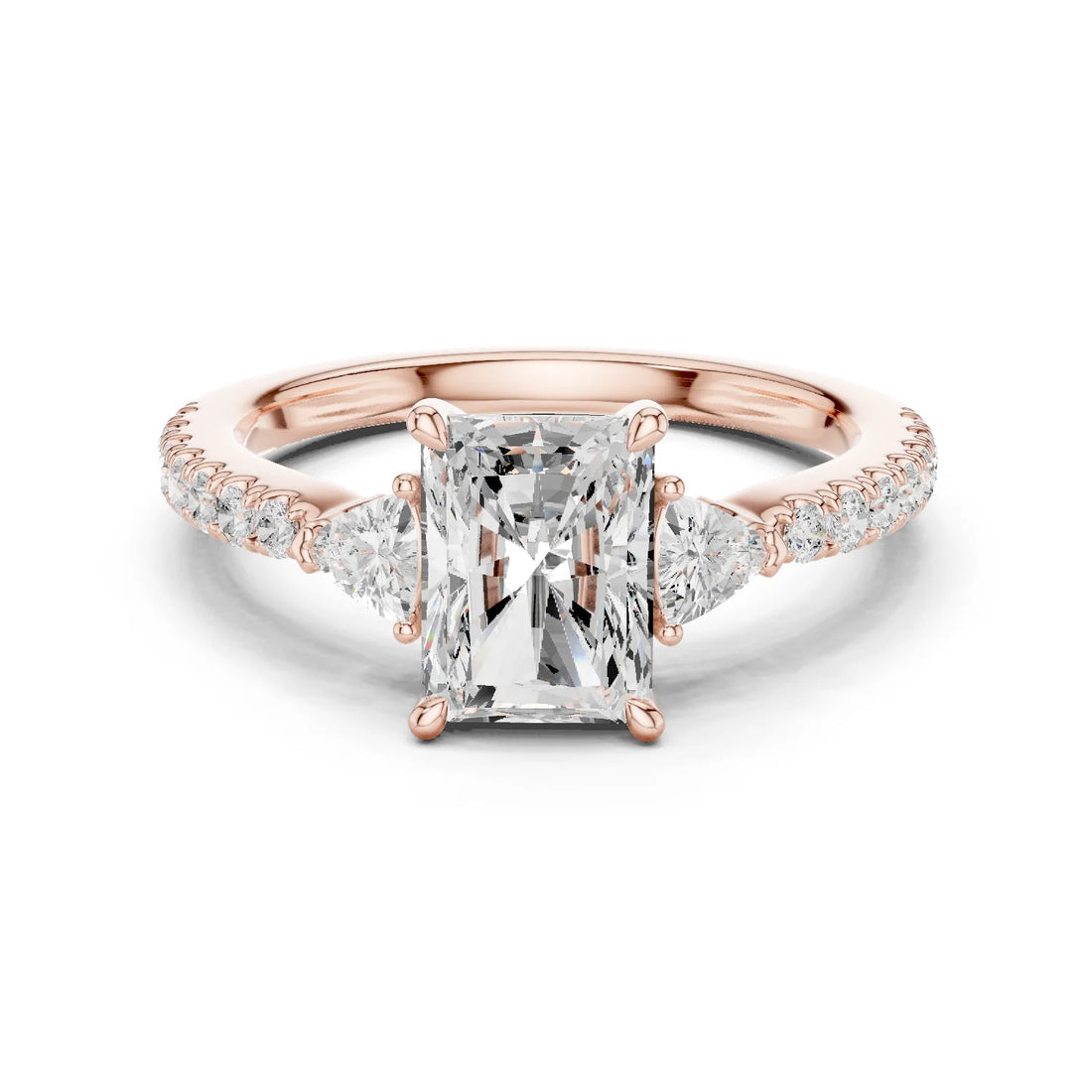 Radiant Cut Diamond Three-Stone Engagement Ring with Pave Band