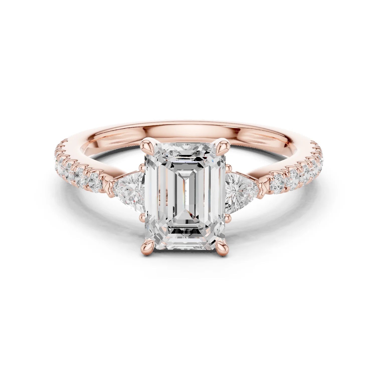 Emerald Cut Diamond Three-Stone Engagement Ring with Pave Band