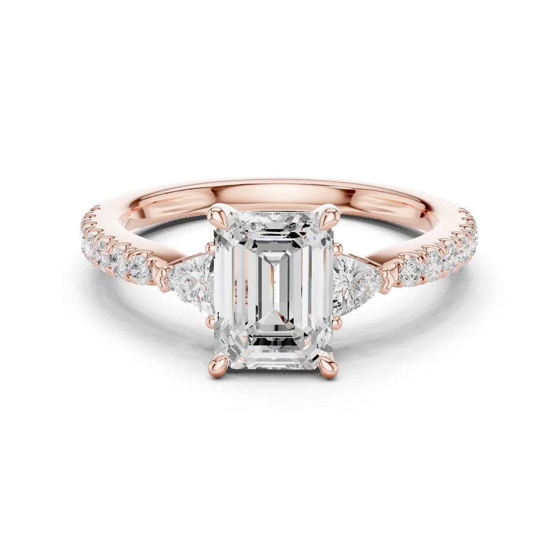 Emerald Cut Diamond Three-Stone Engagement Ring with Pave Band