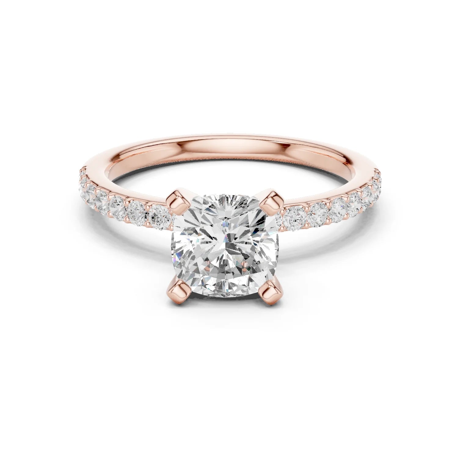 Cushion Cut Diamond Pave Band Solitaire Engagement Ring