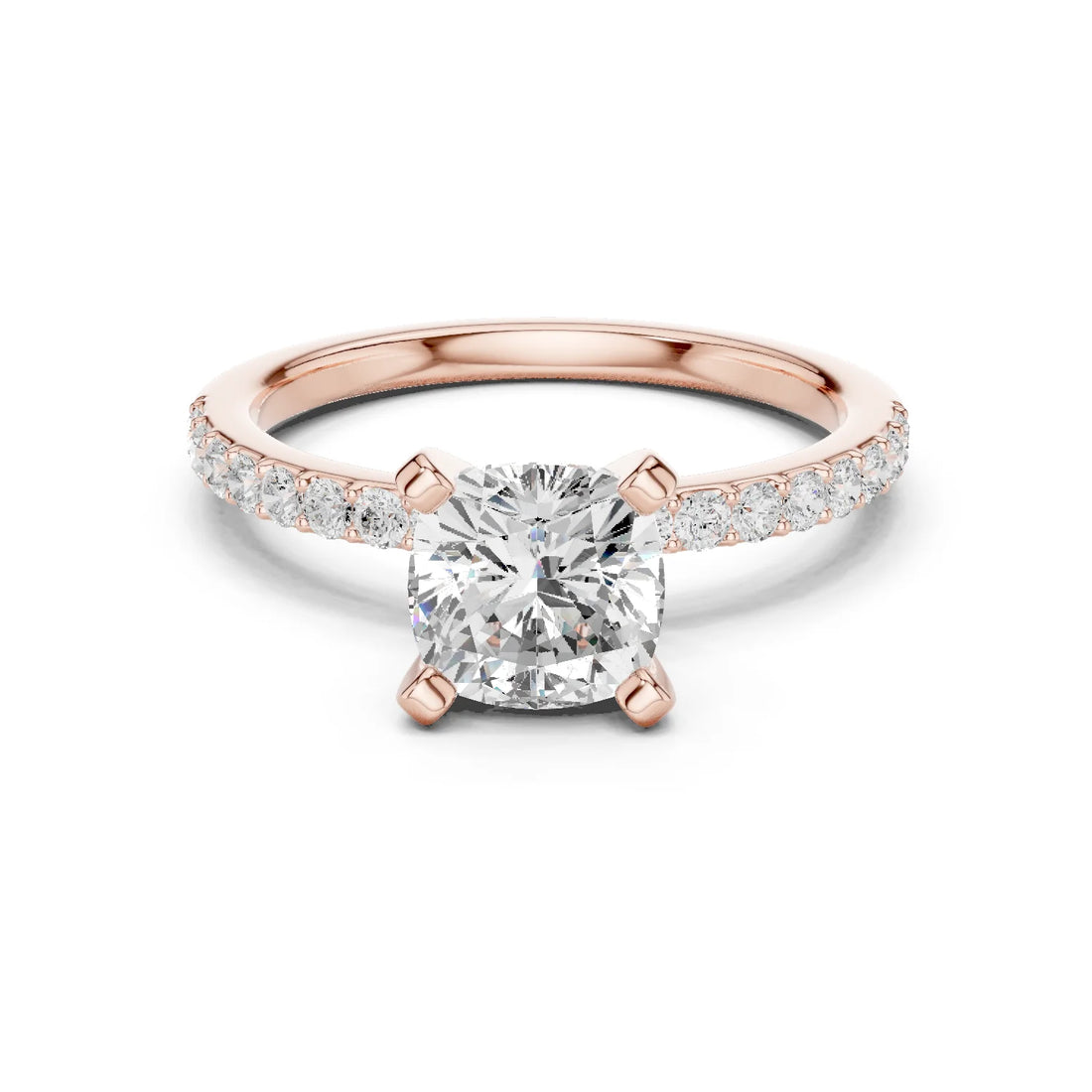 Cushion Cut Diamond Pave Band Solitaire Engagement Ring