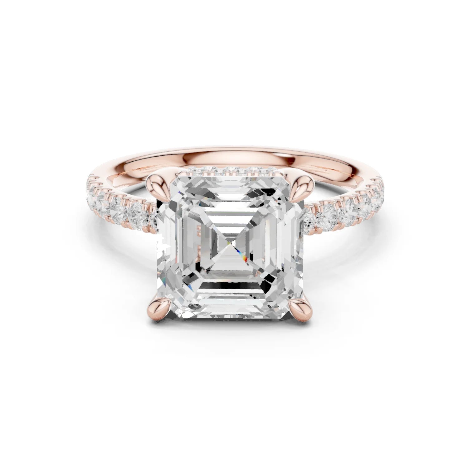 Asscher Diamond Hidden Halo Engagement Ring with Pave Band
