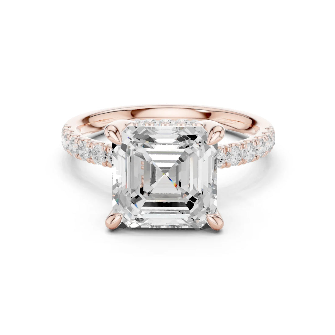 Asscher Diamond Hidden Halo Engagement Ring with Pave Band