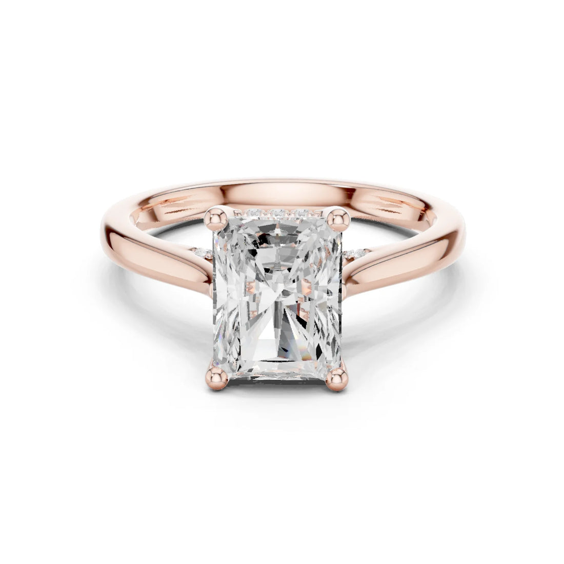Radiant Cut Diamond Hidden Halo Engagement Ring With Cathedral Pave