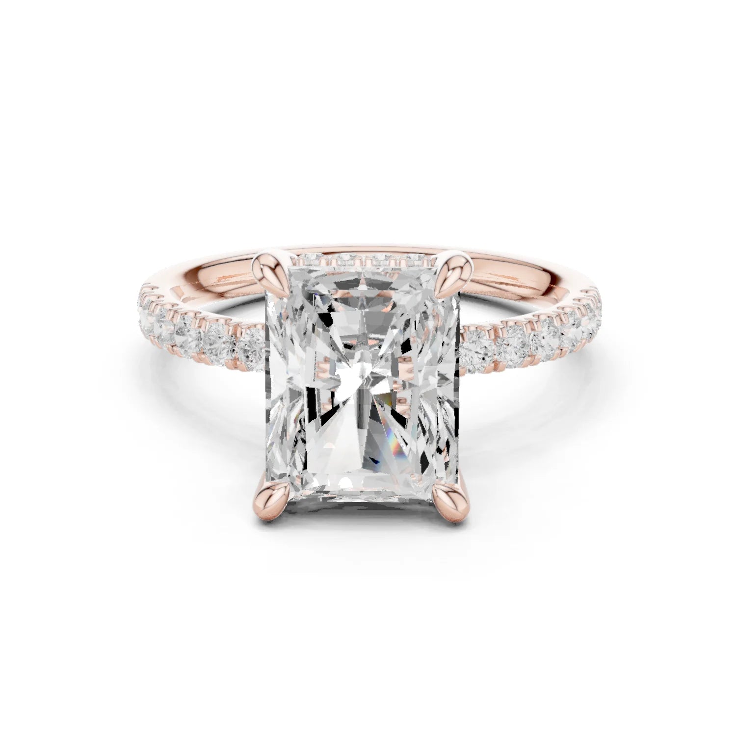 Radiant Diamond Hidden Halo Engagement Ring with Pave Band