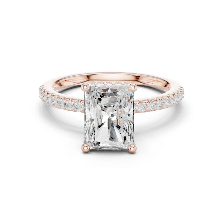 Hidden Halo Radiant Cut Diamond Engagement Ring With Pave Band