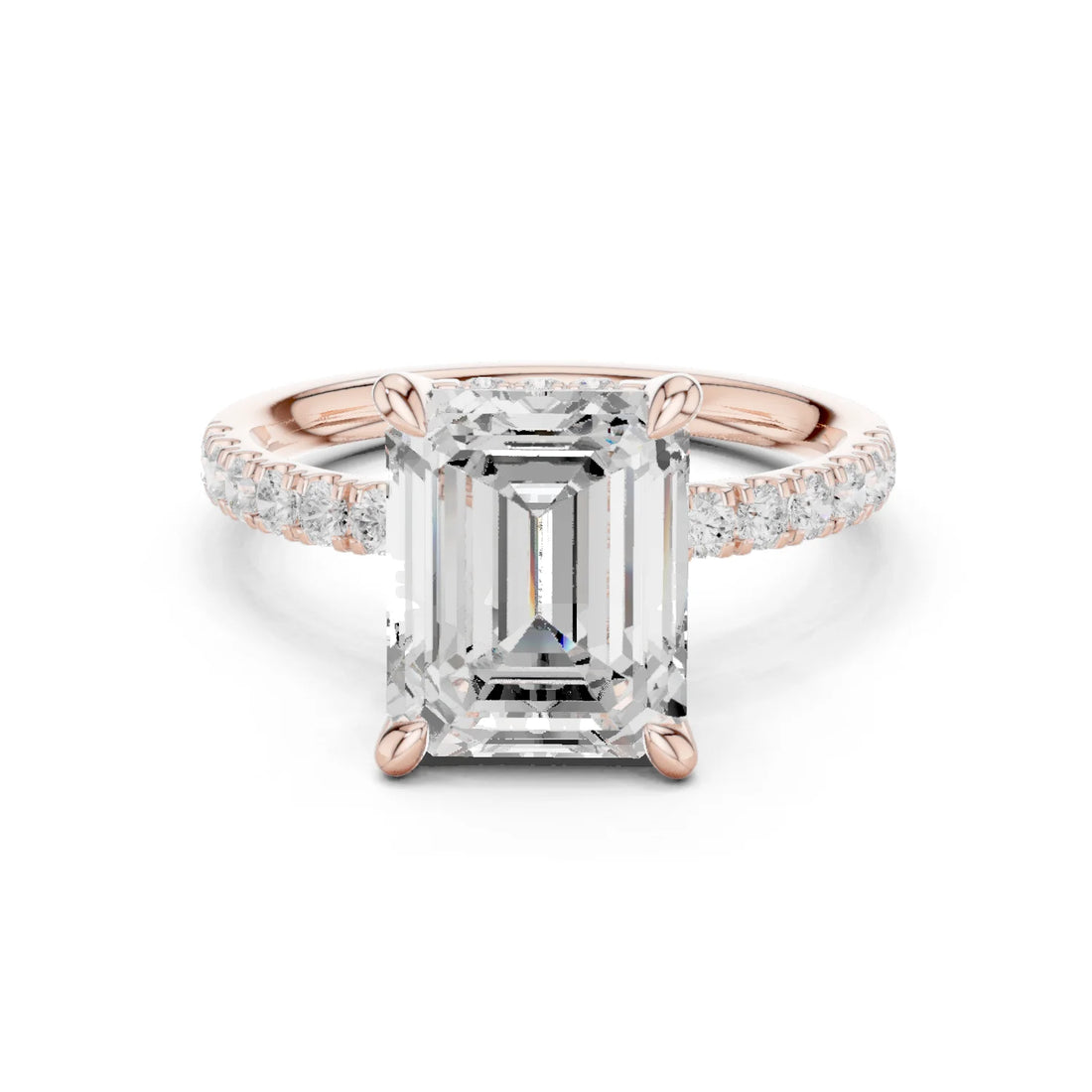 Emerald Diamond Hidden Halo Engagement Ring with Pave Band